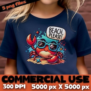 Niedliches Krabben Cartoon PNG Bundle – freche Krabbe mit Sonnenbrille mit dem Spruch “Beach, please.” - Jugend Sommer Tee Clipart, kräftige Farben, lustige Stimmung