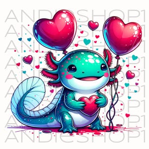 Puede incluir: Ilustraci&oacute;n de un ajolote turquesa sosteniendo un coraz&oacute;n rojo y dos globos en forma de coraz&oacute;n. Peque&ntilde;os corazones rojos y turquesas flotan alrededor. Tema de San Valent&iacute;n.
