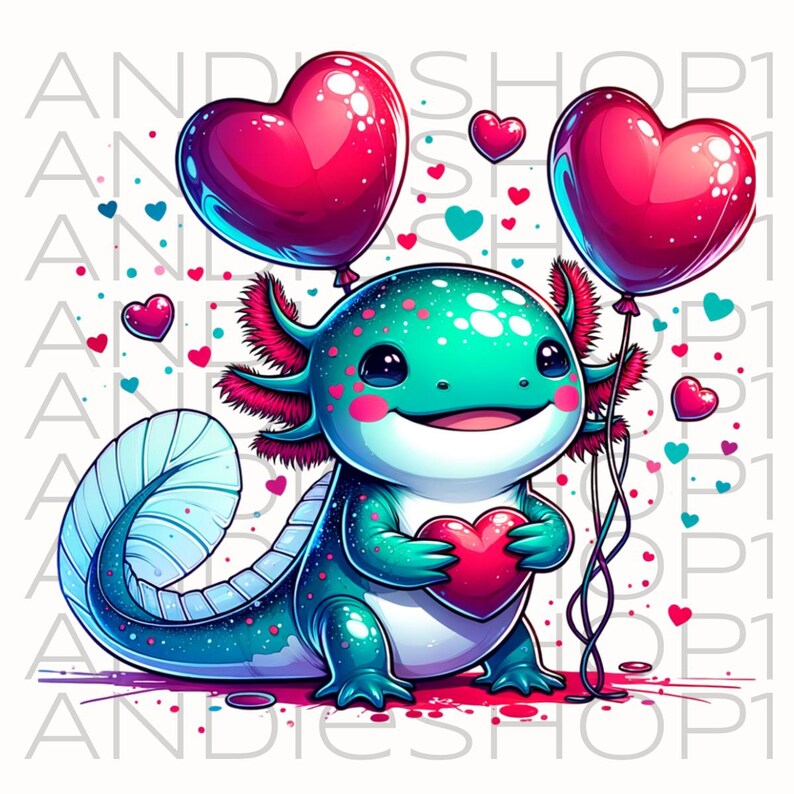 Puede incluir: Ilustraci&oacute;n de un ajolote turquesa sosteniendo un coraz&oacute;n rojo y dos globos en forma de coraz&oacute;n. Peque&ntilde;os corazones rojos y turquesas flotan alrededor. Tema de San Valent&iacute;n.