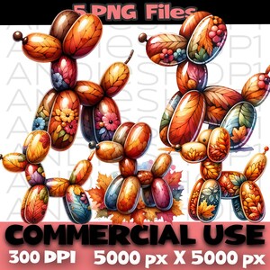 Può includere: Illustrazione digitale con cinque disegni di cani a palloncino nei colori autunnali. Ogni cane è decorato con motivi floreali e di foglie. L'immagine include il testo "5 PNG Files" e "COMMERCIAL USE". L'immagine è di 5000 x 5000 pixel a 300 DPI.
