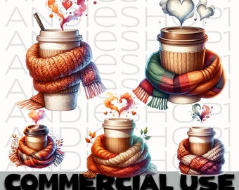 Gezellige wollen sjaal koffiemok clipartbundel | Hygge wintermok, png PNGEgg | Digitale knusse bekerillustraties | Hot Drink Art Download, schattige herfst, png