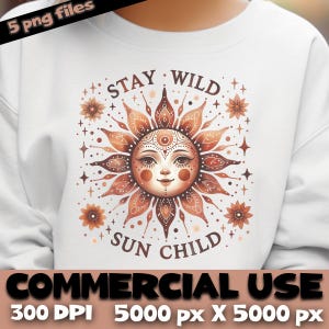 Mystieke boho zon clipart png bundel • handgetekende gezicht mandala stralen • quote 'blijf wilde zon kind' • terracotta hemelse kunst