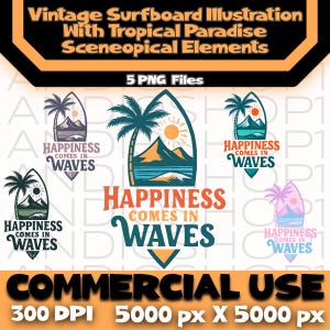 Ensemble PNG d'illustrations de planche de surf vintage, art du paradis tropical, le bonheur vient par vagues, clipart plage rétro, ambiance estivale à télécharger