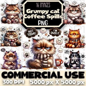 Bundle de renversements de café grincheux chat téléchargement numérique instantané des cliparts png sublimation POD fichiers & images pour l'artisanat dark fantasy pod chatons
