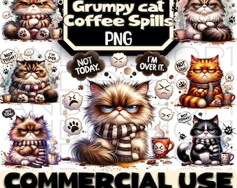 Paquete de imágenes prediseñadas digitales de gatos gruñones con derrames de café (descarga instantánea) en formato PNG para sublimación. Archivos e imágenes para manualidades con gatitos de fantasía oscura.