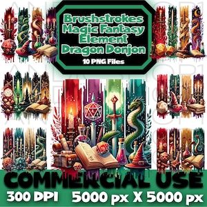 Penseelstreken Magic Fantasy Dragon Donjon clipartbundel PNG-bestanden - digitale Instant Download, sublimatie POD-afbeeldingen, fantastische wezens