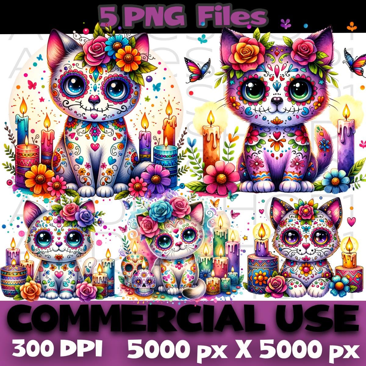 シュガースカルキャット PNG バンドル、死者の日のクリップアート
