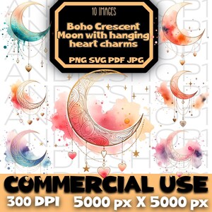 Croissant de lune bohème avec breloques coeur suspendu png svg pdf jpeg fichier image boho astral clipart téléchargement numérique Saint-Valentin amour ciel