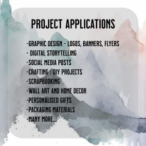 Puede incluir: Imagen con el texto "PROJECT APPLICATIONS" y una lista de ideas de proyectos. La lista incluye dise&ntilde;o gr&aacute;fico, narraci&oacute;n digital, publicaciones en redes sociales, manualidades, scrapbooking, arte mural, regalos personalizados y materiales de embalaje.