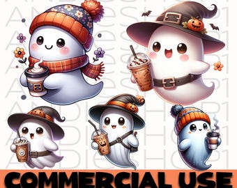 Cute Ghost Coffee Clipart Bundle | Kawaii Halloween Ghost with Coffee PNGs | Fall Ghost Digital Download for Sublimation & Crafts, Pumpkin