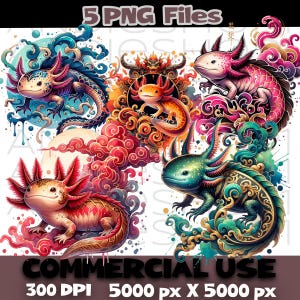 Op de afbeelding: Een digitale kunstcollectie met vijf kleurrijke axolotl-illustraties. Elke axolotl is afgebeeld met ingewikkelde details en omgeven door decoratieve elementen in tinten blauw, roze, oranje en groen. De afbeelding bevat tekst die aangeeft dat het voor commercieel gebruik is.
