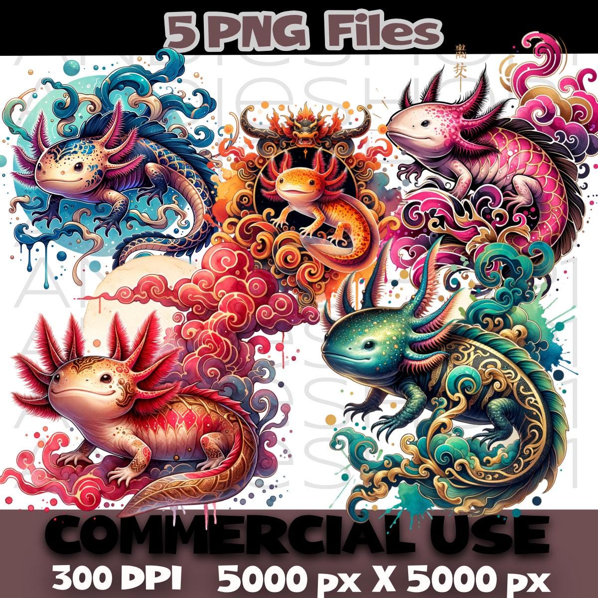 Eastern Inspired Axolotl Dragon Scales PNG Bundle Fantasy Illustration ...