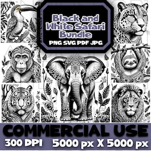 Svg png pdf jpg image files black and white safari animal bundle clipart digital download jungle lion elephant clip art instant download