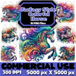 Bundle cheval coloré de Style fantastique - Clipart téléchargement numérique instantané, fichiers POD par sublimation et images, art équin SVG, conception fantastique