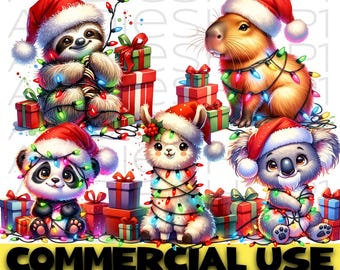 Lindos animales navideños PNG Clipart: Llama, Panda, Perezoso con luces