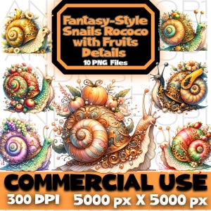 Escargots fantastiques rococo avec fruits PNG, téléchargement numérique instantané, clipart, sublimation POD, fichiers fantaisistes et images pour travaux manuels