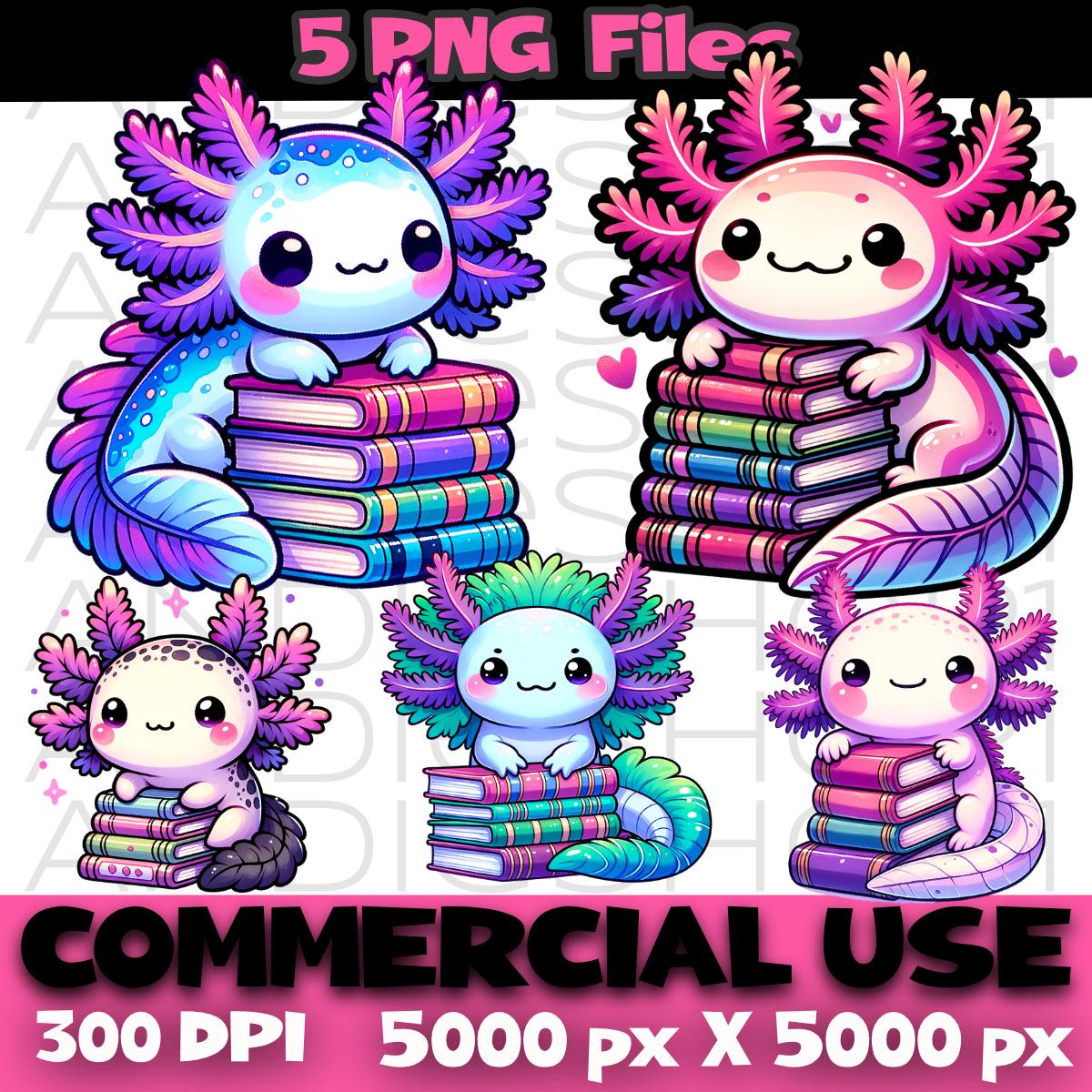 Back to School Axolotl PNG Bundle Cute Axolotls Reading Books Clipart ...