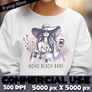 Boho Beach Babe PNG-bundel – Minimal Line Art Woman met strohoed, zonnebril en tas – neutraal esthetische zomer clipart, POD bohokunst