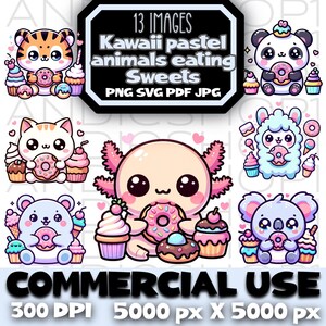 Kawaii pastel dieren eten snoep afbeeldingsbestand png clipart pdf digitale download jpeg schattige dieren bestanden bundel clip art instant download