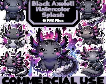 Cartoon zwarte axolotl png-bundel, aquarel splash (digitale download)