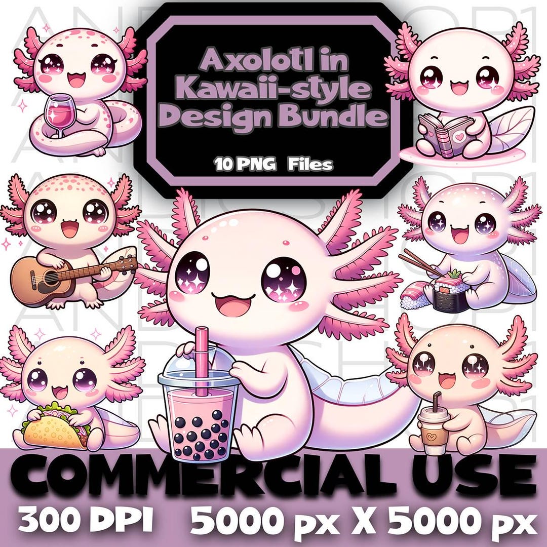 Axolotl Kawaii Design Bundle | Digital Instant Download PNG Clipart ...