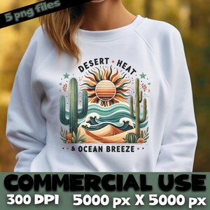 Boho Warstwowy Krajobraz PNG Pakiet Pustynny Kaktus Fale Oceanu Vintage Słońce Ziemskie Tony „Pustynne Gorąco i Oceaniczna Bryza” Przezroczysty Clipart