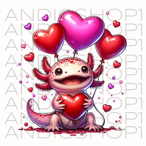 Puede incluir: Un ajolote de dibujos animados sosteniendo un coraz&oacute;n rojo y globos en forma de coraz&oacute;n. El ajolote es blanco con branquias y manchas rojas. Corazones rosas y rojos flotan alrededor del ajolote. El texto "ANDISHOP1" se repite en el fondo.
