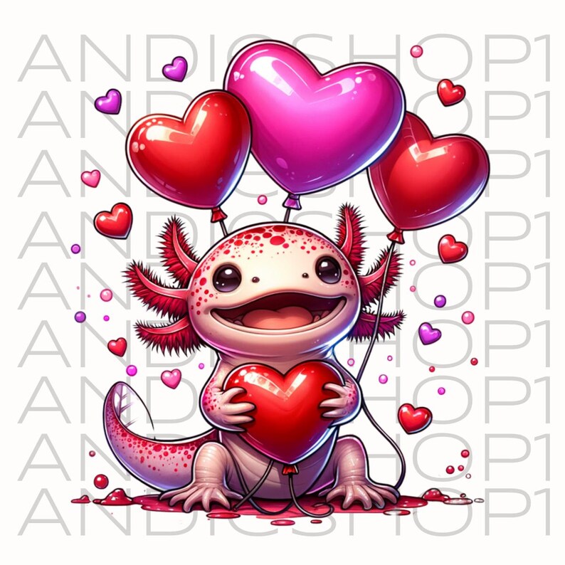 Puede incluir: Un ajolote de dibujos animados sosteniendo un coraz&oacute;n rojo y globos en forma de coraz&oacute;n. El ajolote es blanco con branquias y manchas rojas. Corazones rosas y rojos flotan alrededor del ajolote. El texto "ANDISHOP1" se repite en el fondo.
