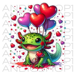 Puede incluir: Un ajolote de dibujos animados con cuerpo verde y branquias rojas, sosteniendo un ramo de globos en forma de coraz&oacute;n. El ajolote est&aacute; rodeado de confeti y globos flotantes en forma de coraz&oacute;n rojos, morados y azules. Un coraz&oacute;n rojo est&aacute; atado con una cinta.