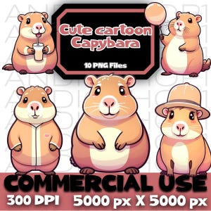 Cute Cartoon Capybara Bundle PNG | Digital Instant Download | Clipart Sublimation POD Files & Images for Stickers and Crafts, Digital Art
