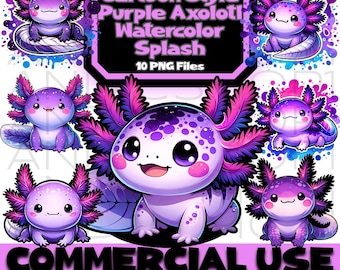 Paarse Axolotl aquarel png-clipartbundel (digitale download)