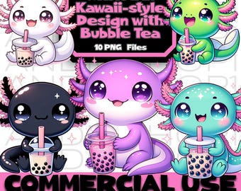 Kawaii Axolotl & Bubble Tea Bundle - Digital Instant Download PNG Clipart Files for Sublimation POD, Adorable Axolotl Images and DIY Crafts