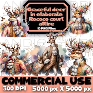 Bundle gracieux de cerf dans une tenue de cour rococo élaborée : clipart PNG à téléchargement immédiat, fichiers POD par sublimation et images pour travaux manuels