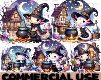 Niedliches Axolotl Hexe Halloween PNG Bundle | Kawaii Kessel Clipart