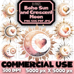 Boho zon en wassende maan png-afbeeldingsbestand boho astrale clipart hart pdf digitale download jpeg Valentijnsdag liefde svg hemelse hemel zon