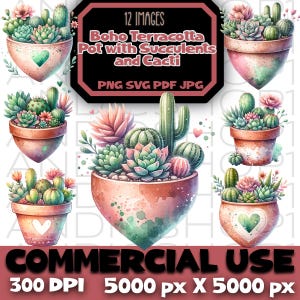 Archivo de imagen PNG de maceta de terracota bohemia con suculentas y cactus, clipart boho, descarga digital en pdf, jpeg, flores para el día de San Valentín, svg