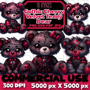 Gothic Cherry Velvet Teddy Bear clipart bundle png svg pdf files bear digital instant download for sublimation images pod dark fantasy