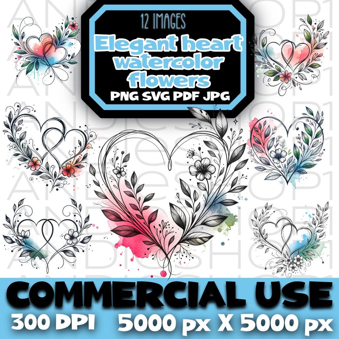 Watercolor Heart Flowers Clipart, Elegant (png, Svg, Pdf, Jpg) Digital ...