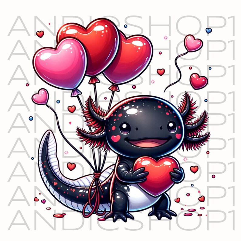 Puede incluir: Un ajolote de dibujos animados con cuerpo negro y detalles rojos, sosteniendo un coraz&oacute;n rojo y rodeado de globos en forma de coraz&oacute;n. El ajolote tiene una expresi&oacute;n feliz, con corazones esparcidos por la imagen. El tema general es el D&iacute;a de San Valent&iacute;n.
