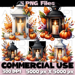 May include: Digital art featuring five lanterns in various colors, each with a lit candle inside. The lanterns are surrounded by pumpkins, fall leaves, and berries. Text at the top reads "5 PNG Files" and at the bottom "COMMERCIAL USE".