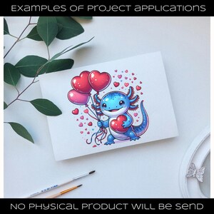 Puede incluir: Una tarjeta blanca con un ajolote de dibujos animados sosteniendo globos en forma de coraz&oacute;n y un coraz&oacute;n. El ajolote es azul con acentos rosados. La tarjeta est&aacute; decorada con peque&ntilde;os corazones rosas. El texto en la parte superior dice "EXAMPLES OF PROJECT APPLICATIONS".