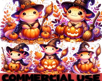 Kawaii Halloween Axolotl Hexe PNG Clipart Bundle