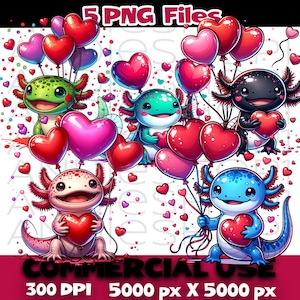 Puede incluir: Ilustraci&oacute;n digital con cinco ajolotes, cada uno sosteniendo un coraz&oacute;n o globos con forma de coraz&oacute;n. Los ajolotes son de varios colores, incluyendo verde, azul y negro. La imagen incluye el texto "5 PNG Files" y "COMMERCIAL USE".