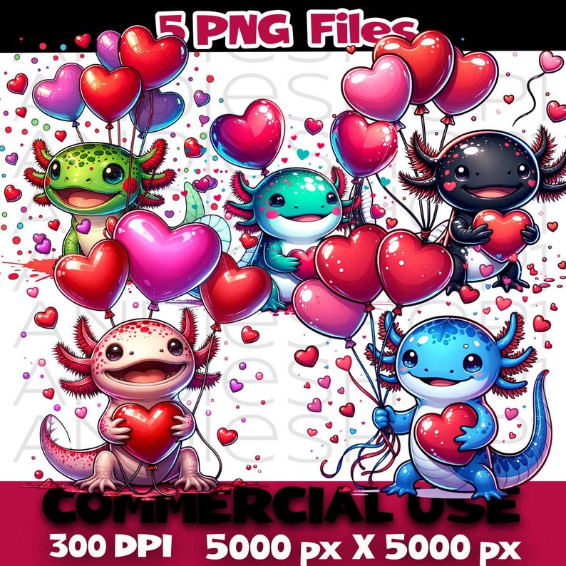Puede incluir: Ilustraci&oacute;n digital con cinco ajolotes, cada uno sosteniendo un coraz&oacute;n o globos con forma de coraz&oacute;n. Los ajolotes son de varios colores, incluyendo verde, azul y negro. La imagen incluye el texto "5 PNG Files" y "COMMERCIAL USE".