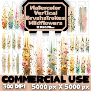 Bundle de fleurs sauvages de coups de pinceau verticaux aquarelle PNG, téléchargement numérique instantané, clipart, sublimation POD, fichiers floraux et images, botanique