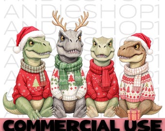 Paquete de imágenes PNG de dinosaurios T-Rex navideños con suéteres festivos y gorros de Papá Noel