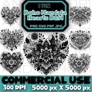 Boho Mandala Hearts arquivo de imagem png preto e branco boho clipart coração pdf download digital jpeg dia dos namorados amor coquette svg corações