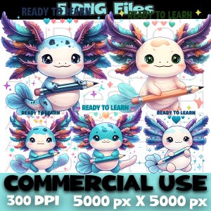 Cute Cartoon Axolotl Holding Pencil PNG Bundle | Adorable Axolotl Clipart Pack for Kids, School, Teacher Crafts, Stickers & Designs