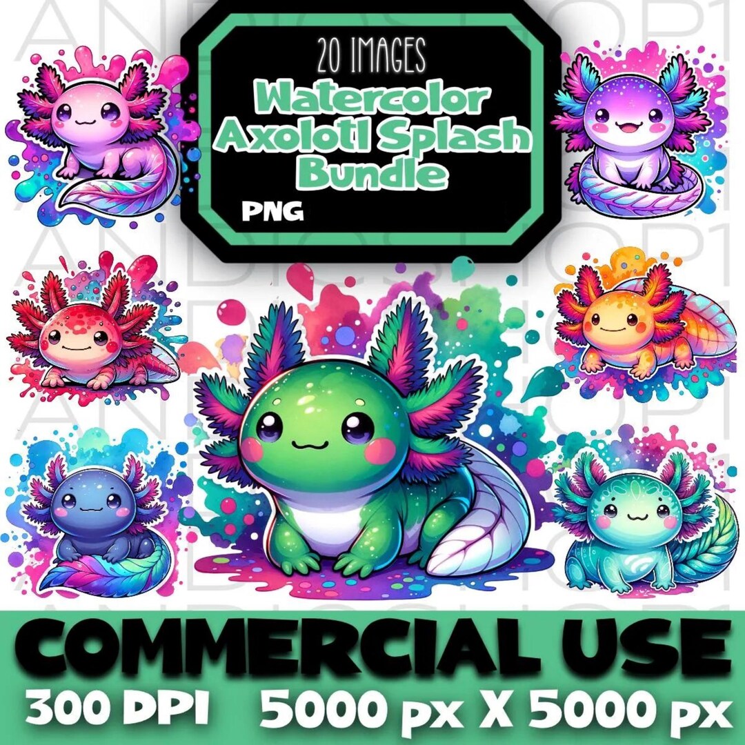 Watercolor Axolotl Clipart Bundle, Cute Salamander PNG (digital ...