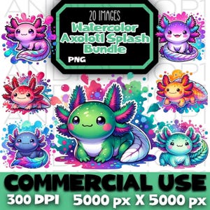 Watercolor Axolotl Clipart Bundle, Cute Salamander PNG (Digital Download)